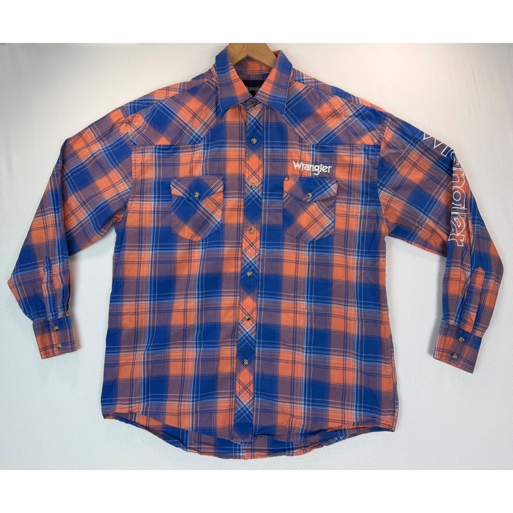 Wrangler Plaid Blue/Orange Pearl Snap Western Shirt Embroidered Logo Cowboy Sz L
